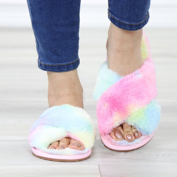 Cross Strap Tie Dye Multi Color Puff Fuzzy Furry Fluffy Slip On Plush Slippers - Picture 12 of 15
